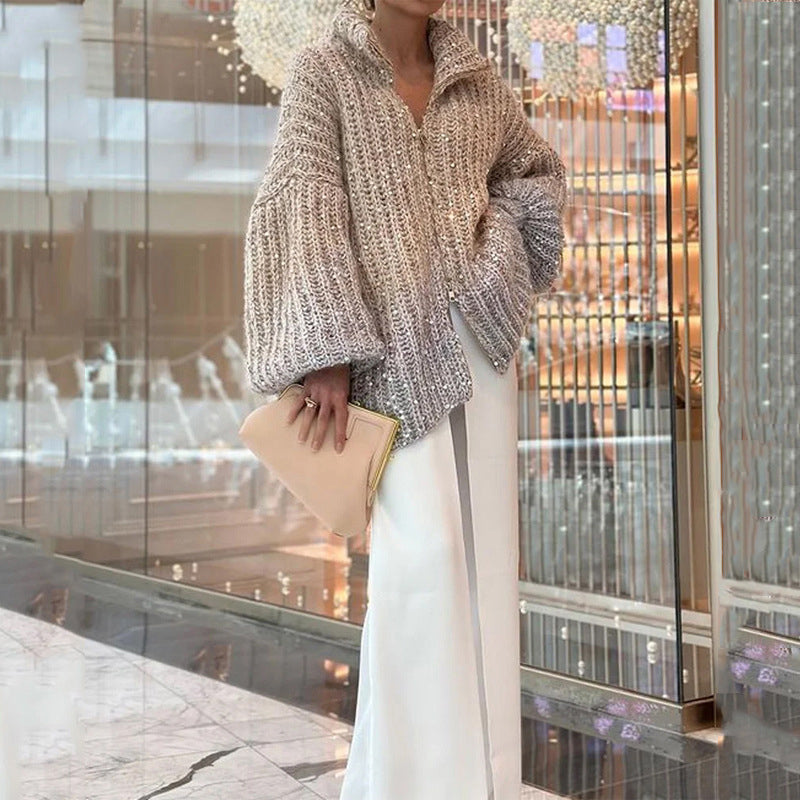 Knitted sweater jacket with solid sequins
