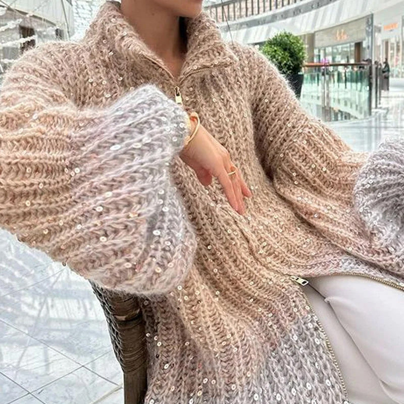 Knitted sweater jacket with solid sequins